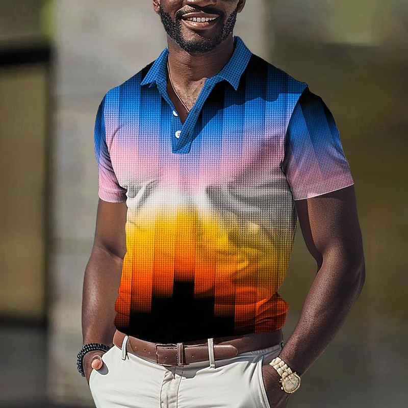 Men's Waffle Polo Shirts Golf Shirt Short Sleeve Polo Shirts Collared Shirts Vacation Wear Formal Wear Festival Wear Buttons 3D Print Spring & Summer Blue