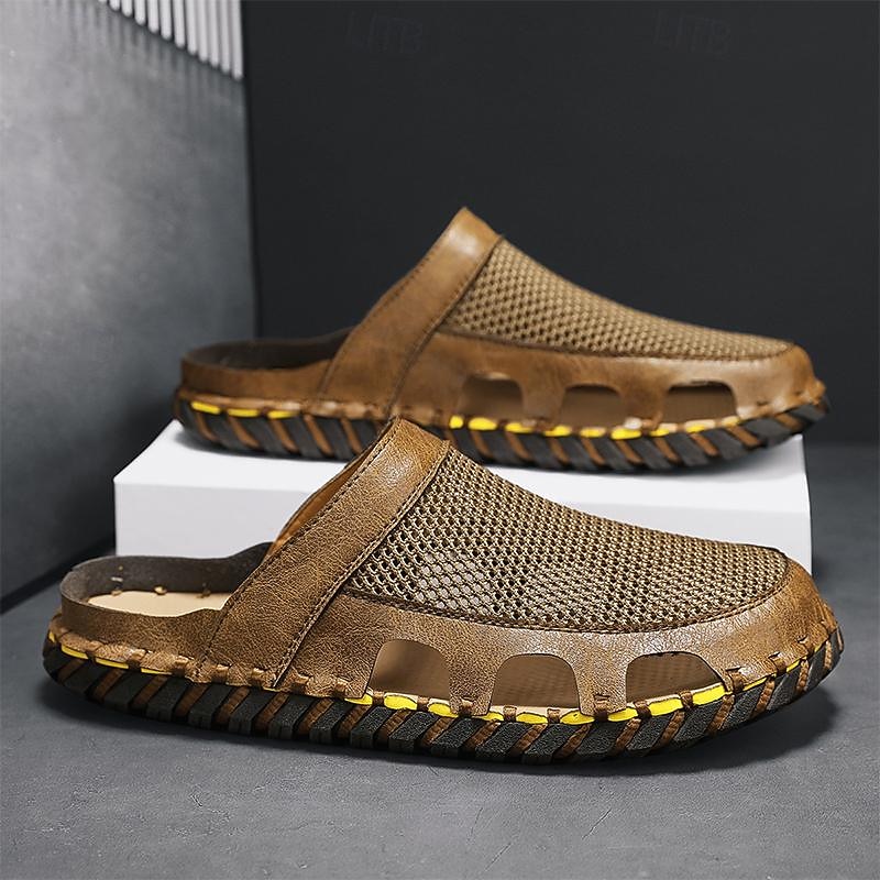 Men's Sandals Slippers Fashion Sandals Handmade Shoes Comfort Shoes Walking Casual Daily Vacation Beach PU Breathable Comfortable Slip Resistant Black Brown Khaki Summer Fall