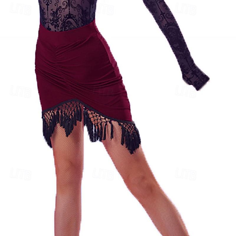 Latin Dance Ballroom Dance Skirts Pleats Tassel Pure Color Women's Performance Training High Spandex3