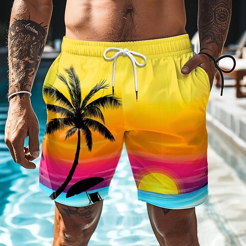 Men's Leaf Tree Coconut Tree Swim Trunks Swim Shorts Board Shorts Mid Waist Hawaiian Boho Casual Daily Holiday Drawstring with Mesh lining Elastic Waist Designer Clothing Apparel