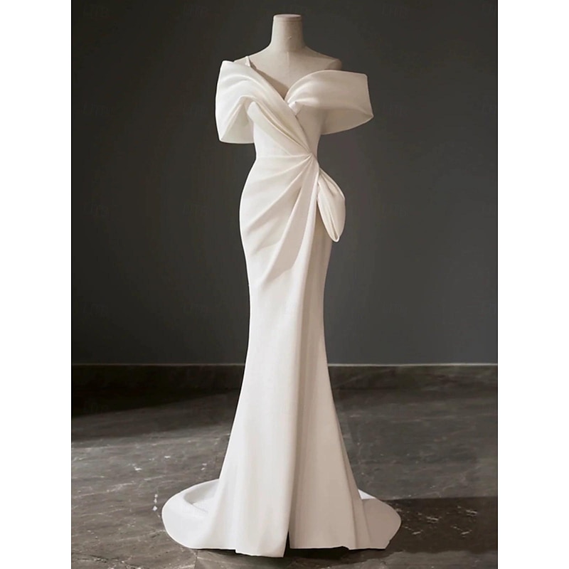 Beach Open Back Simple Wedding Dresses Beach Wedding Sheath / Column Scoop Neck Sleeveless Sweep / Brush Train Stretch Fabric Bridal Gowns With Solid
