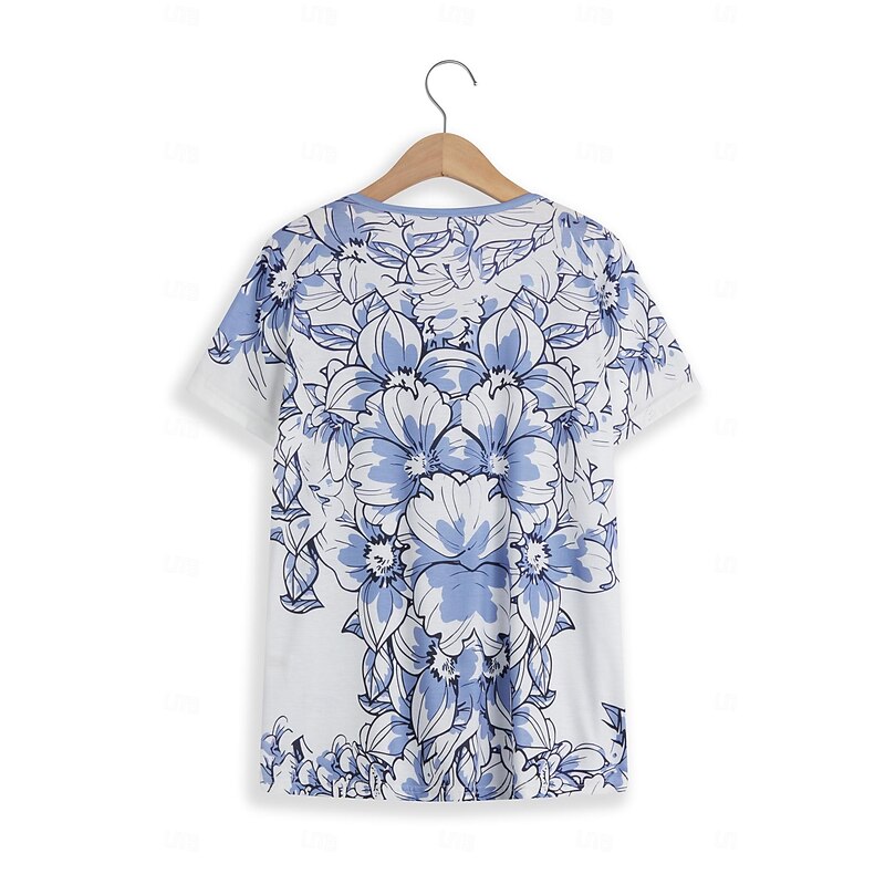 Women's T Shirt Floral Basic Short Sleeve Round Neck Regular Tops Holiday Weekend Buttons Print Pink Navy Blue Blue3