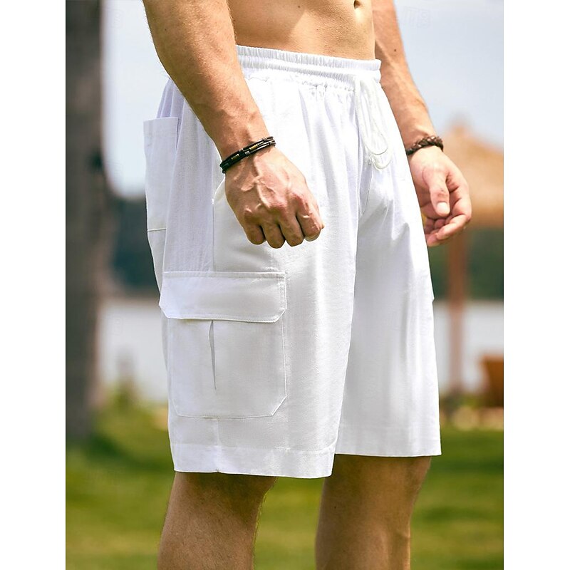 Men's Shorts Linen Shorts Summer Shorts Beach Shorts Drawstring Elastic Waist Multi Pocket Plain Knee Length Party Beach Hawaiian Casual White Khaki Inelastic