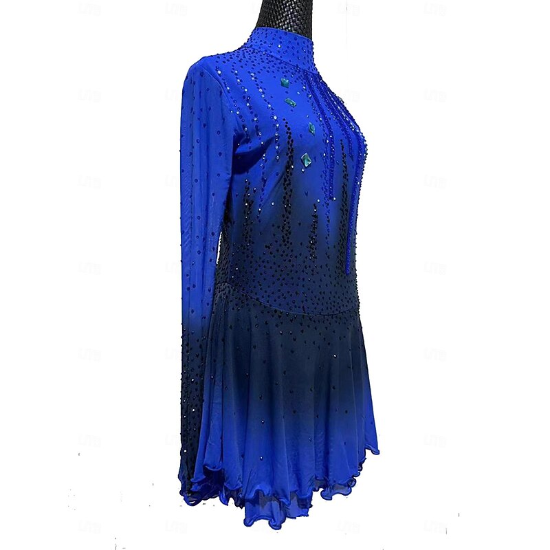 Figure Skating Dress Women's Girls' Ice Skating Skirt Dress Dark Blue Patchwork Mesh Spandex Lace Micro-elastic Training Skating Wear Crystal / Rhinestone Long Sleeve Figure Skating2