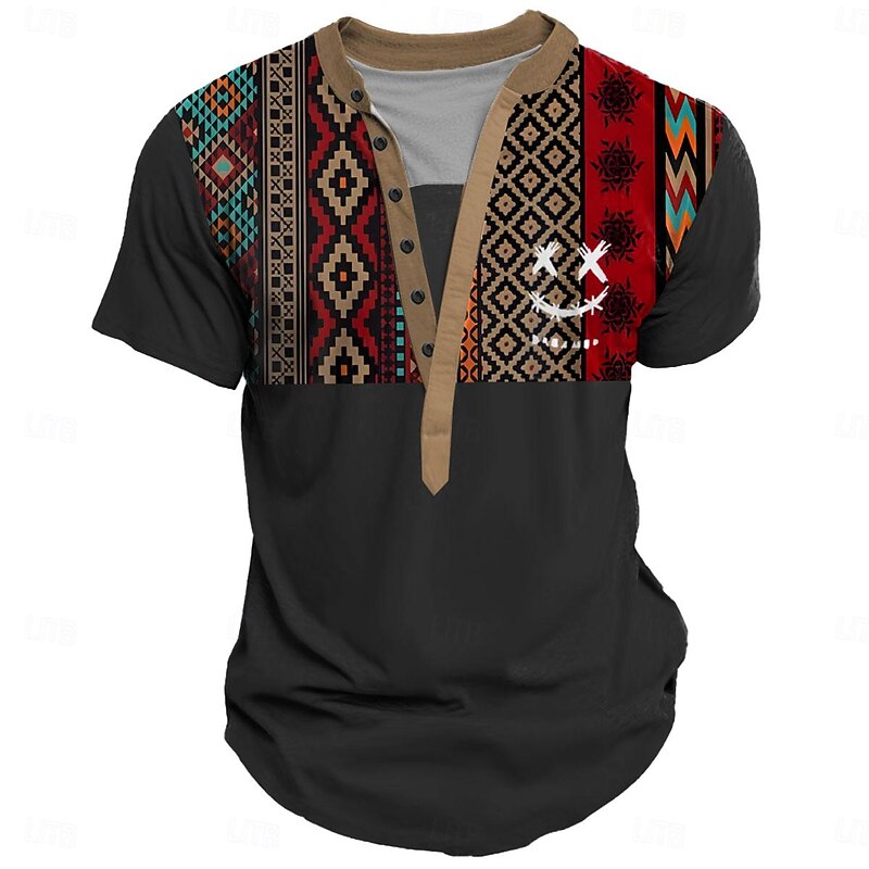 Smile Face  Men's Ethnic Style 3D Print T shirt Tee Henley Shirt Casual Daily T shirt Black Khaki Short Sleeve Henley Shirt Summer Clothing Apparel S M L XL XXL 3XL4