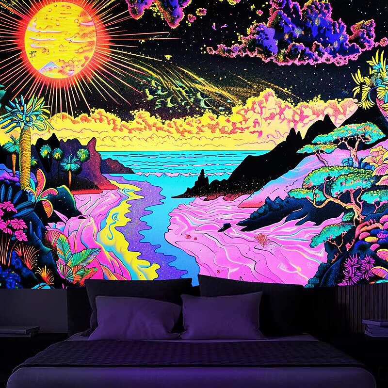 Blacklight Tapestry UV Reactive Glow in the Dark Glow Party Neon Mushroom Landscape Psychedelic Trippy Misty Hanging Tapestry Wall Art Mural for Living4