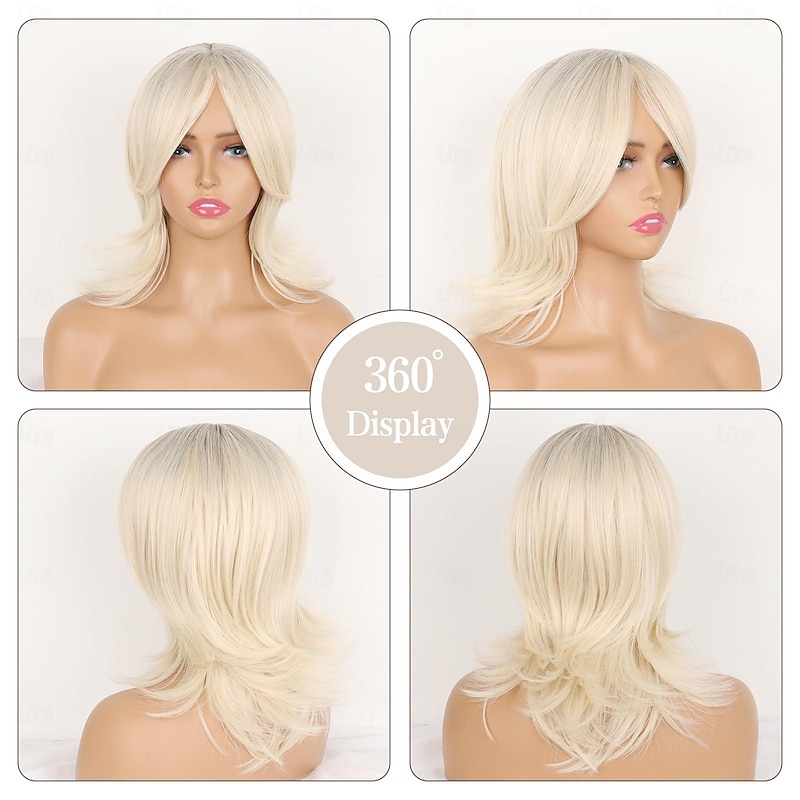 Wavy Layered Wigs with Curtain Bans for Women Short Platinum Blonde Highlights Curly Bob Wig Bleach Blonde Wavy Bob Wig with Bangs Synthetic Mixed Blonde Wig for Women4