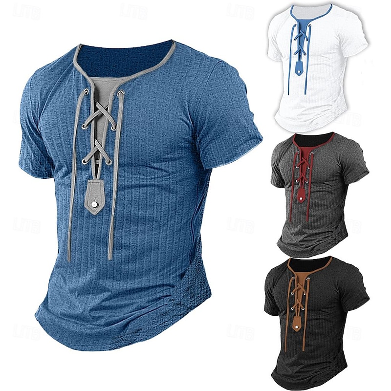 Men's Henley Shirt Short Sleeve Shirt Muscle Shirt Tee Top Short Sleeve Henley Summer Solid Color Daily Hawaiian Lace up Outdoor Street Causal Dark Gray Black White Top Tee for Men2