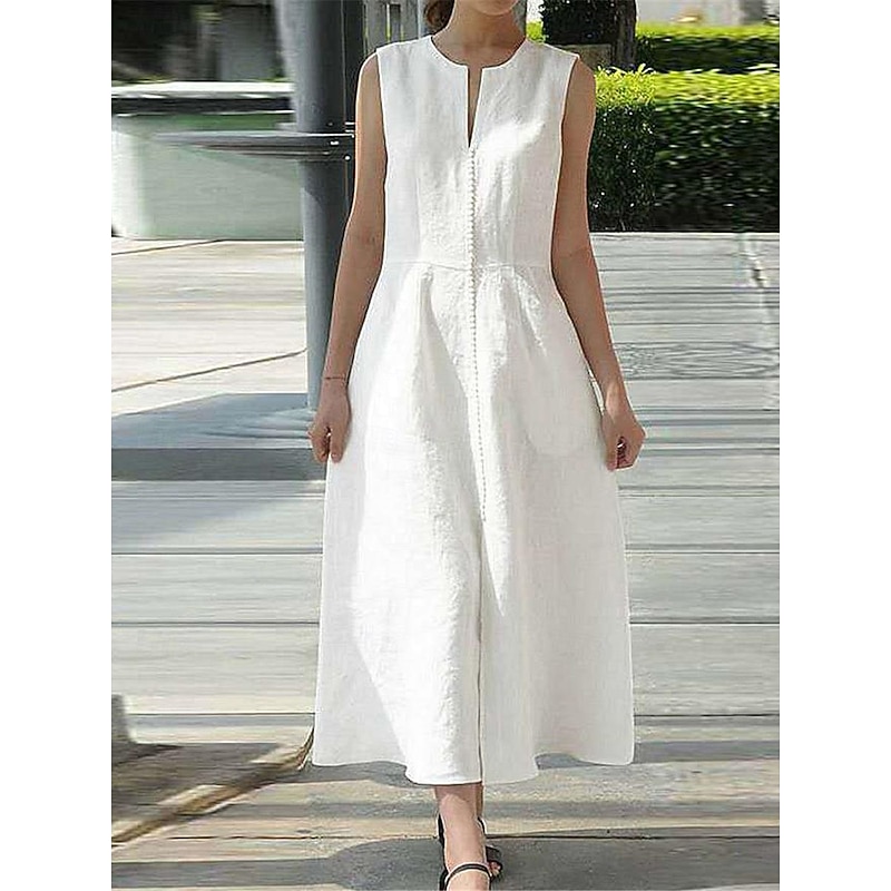 Women's Black White Summer Spring Maxi Dress Linen-Inspired Dresses White Dress Casual Dress Basic Modern Daily Weekend Loose Fit Plain Split Neck