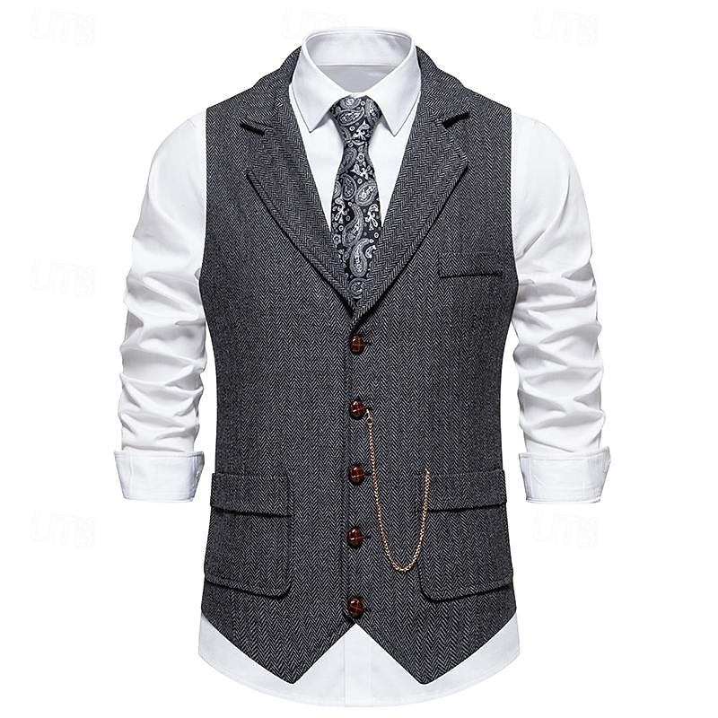 Men's Vest Gilet Daily Wear Vacation Going out Vintage Fashion Spring &  Fall Button Polyester Comfortable Plain Single Breasted Lapel Regular Fit Dark Navy Dark Gray Coffee Vest