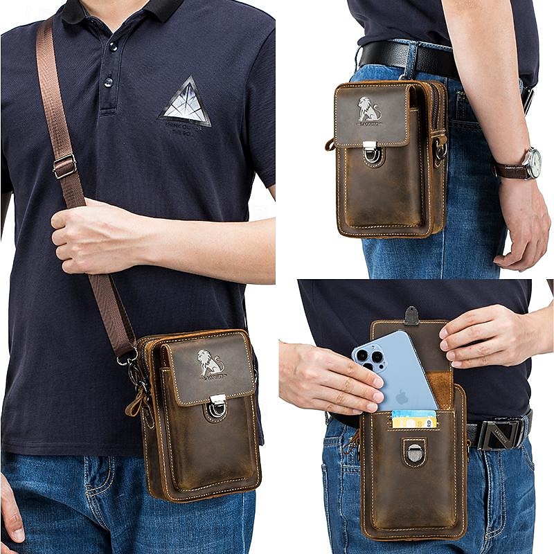 Men's Crossbody Bag Belt Bag Cowhide Outdoor Zipper Durable Solid Color Brown4