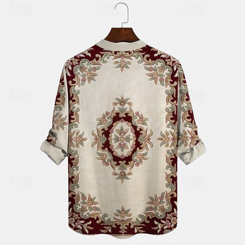 Men's Shirt Button Up Shirt Long Sleeve Fashion Casual Outdoor Daily Summer Spring Fall Stand Collar Print Khaki2