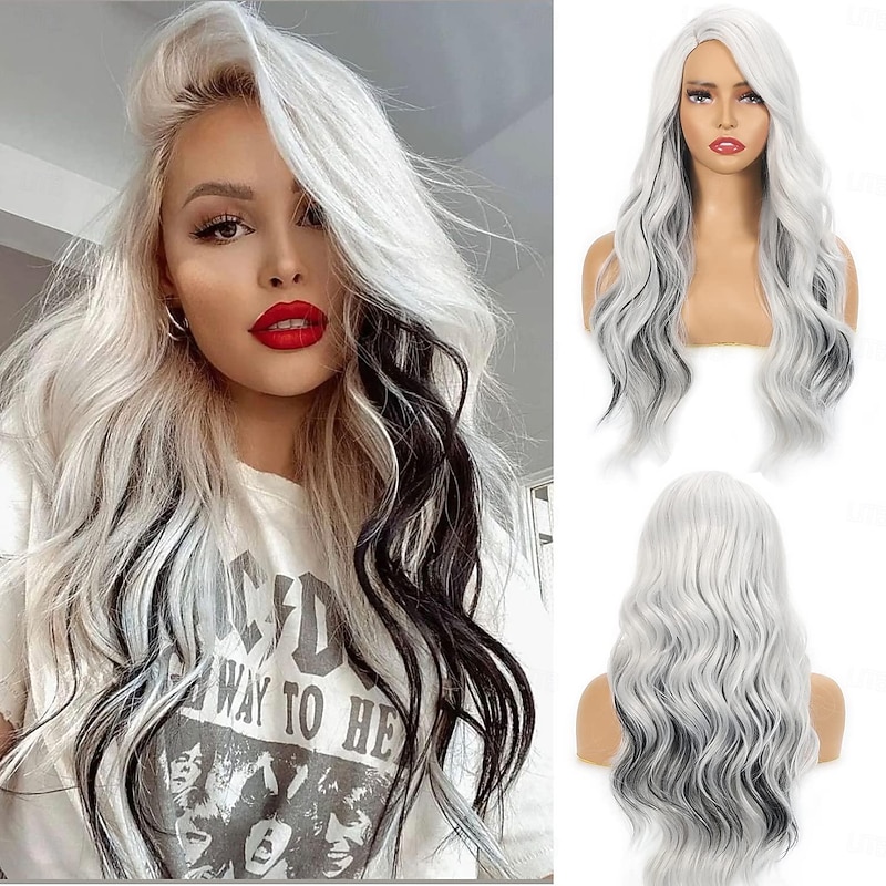 Long Ombre White Wigs for Black Women 26 28 Inch Long Wavy Wig with Bangs for Women Big Bouncy Fluffy Synthetic Fiber Glueless Hair for Cosplay and Daily Use Blue Wine Red Purple White