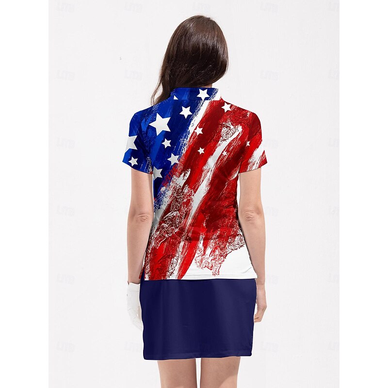 Women's Golf Polo Shirt Red Short Sleeve Top Ladies Golf Attire Clothes Outfits Wear Apparel American Flag Golf Shirt2