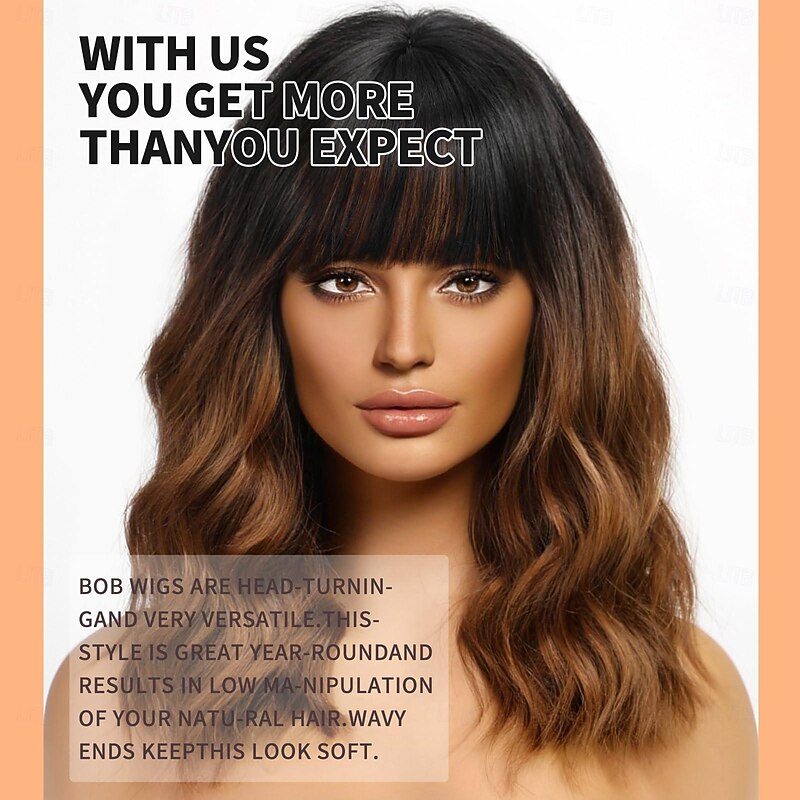 Short Wavy Brown Wig with Bangs Short Ombre Brown Light Brown Burgundy Black Blonde Bob Wigs for Women Wavy Bob Wig with Bangs Synthetic Natural Looking Wigs 14 inch3