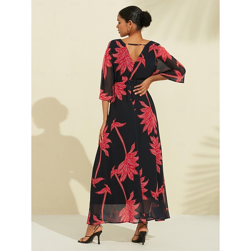 Women's Print Dress Maxi Dress Black 3/4 Length Sleeve Leaf Printing Flower / Plants Printing Spring & Summer V Neck Beach S M L3