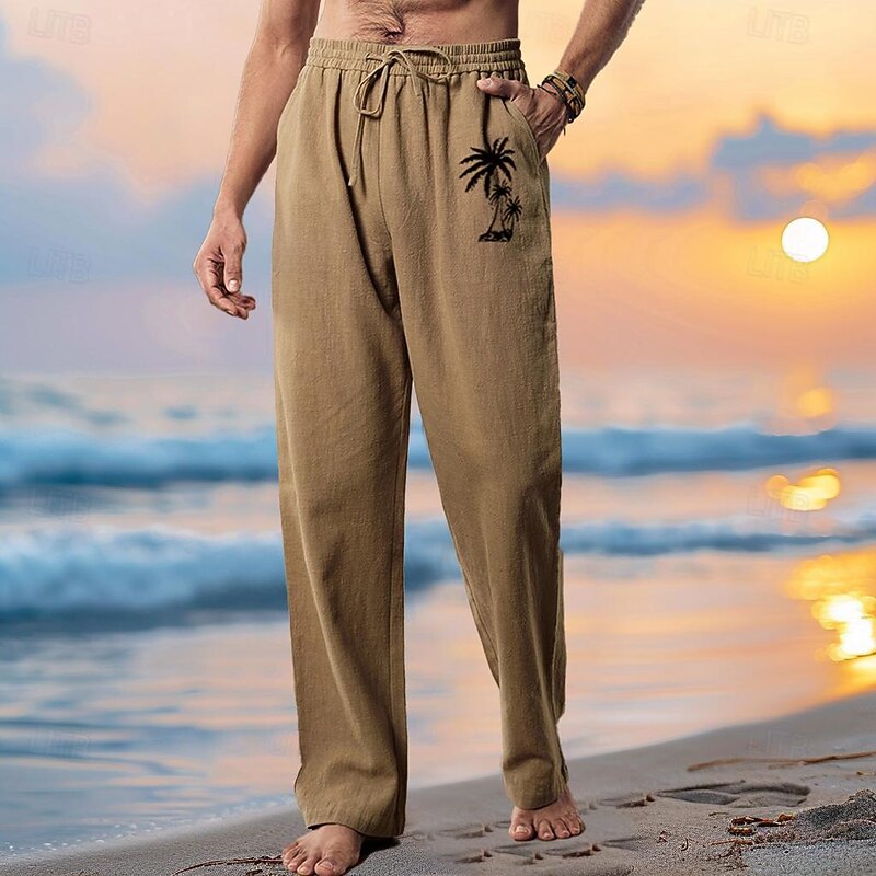 Men's Linen Pants 40% Linen Trousers Summer Pants Beach Pants Drawstring Elastic Waist Straight Leg Coconut Tree Breathable Full Length Vacation Beach Fashion Casual Blue Brown2