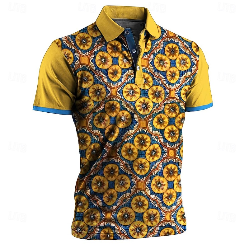 Men's Tribal Polo Shirts Golf Shirt Short Sleeve Polo Shirts Collared Shirts Vintage Casual Vacation Wear Party Outfits Buttons 3D Print Summer Yellow Blue Orange4