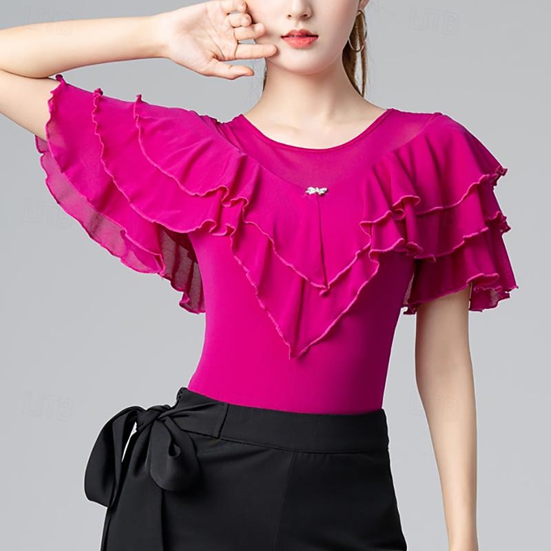 Latin Dance Ballroom Dance Leotard / Onesie Ruffles Pure Color Splicing Women's Performance Training Short Sleeve High Cotton Blend