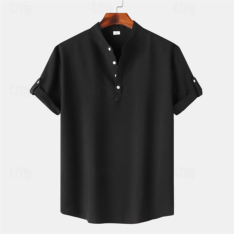 Men's Shirt Linen Shirt Chinese Collar Shirt Mandarin Collar Shirt Casual Shirt Cotton Shirt Plain Vacation Street Black Yellow Light Green Pink Short Sleeve Band Collar Summer Clothing Apparel 19