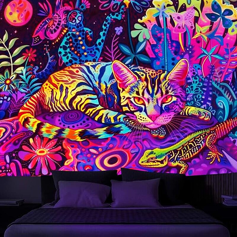Blacklight Tapestry UV Reactive Glow in the Dark Glow Party Neon Flamingo Animal Psychedelic Trippy Misty Hanging Tapestry Wall Art Mural for Living Room Bedroom4