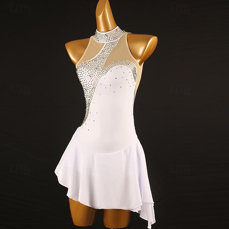 Figure Skating Dress Women's Girls' Ice Skating Dress White Burgundy Dark Navy Patchwork Mesh Spandex High Elasticity Training Practice Professional Skating Wear Classic Crystal / Rhinestone3