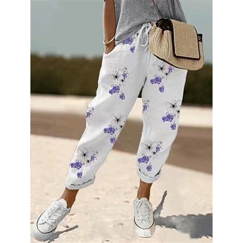 Women's Chinos Pants Trousers Streetwear Casual Long High Waist Floral Stripe Pocket Elastic Drawstring Design High Cut Breathability Soft Micro-elastic Vacation Street Daily Wear White Blue Khaki3