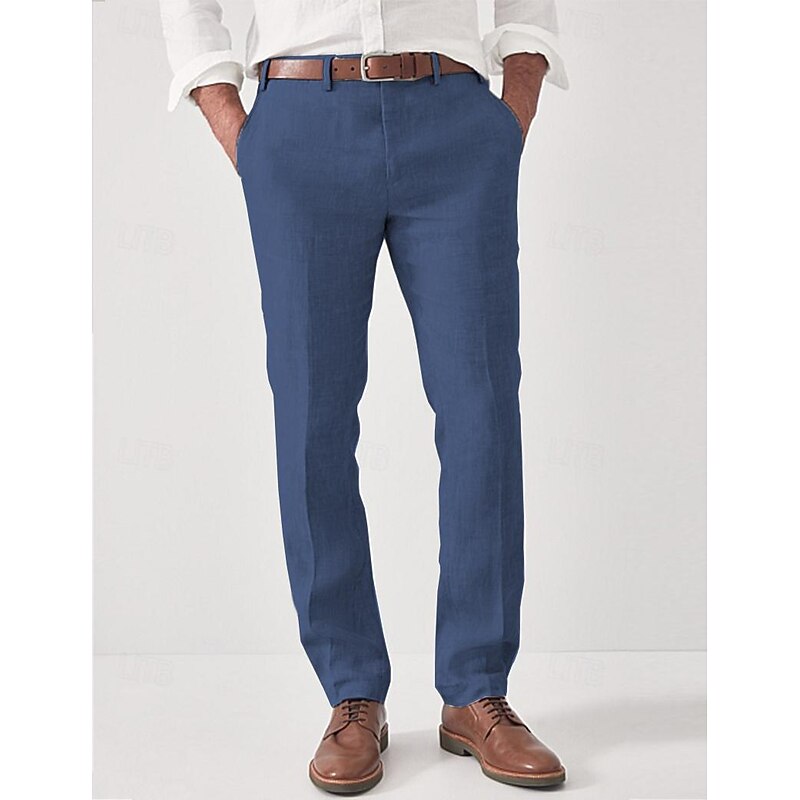 Men's Linen Pants Trousers Dress Pants Summer Pants Beach Pants Straight Leg Plain Comfort Outdoor Business Daily Streetwear Stylish Black Navy Blue2