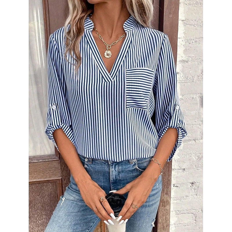 Women's Shirt Blouse Casual Striped Pocket Print Long Sleeve Regular Tops V Neck Daily Black Yellow Red Royal Blue Spring & Summer