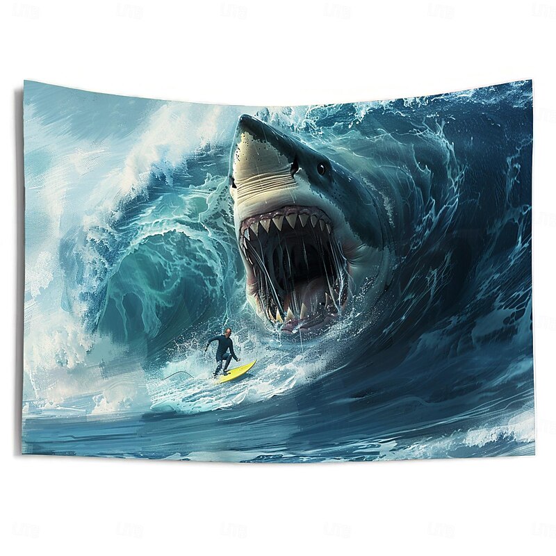 Surfing Shark Ocean Hanging Tapestry Wall Art Large Tapestry Mural Decor Photograph Backdrop Blanket Curtain Home Bedroom Living Room Decoration3