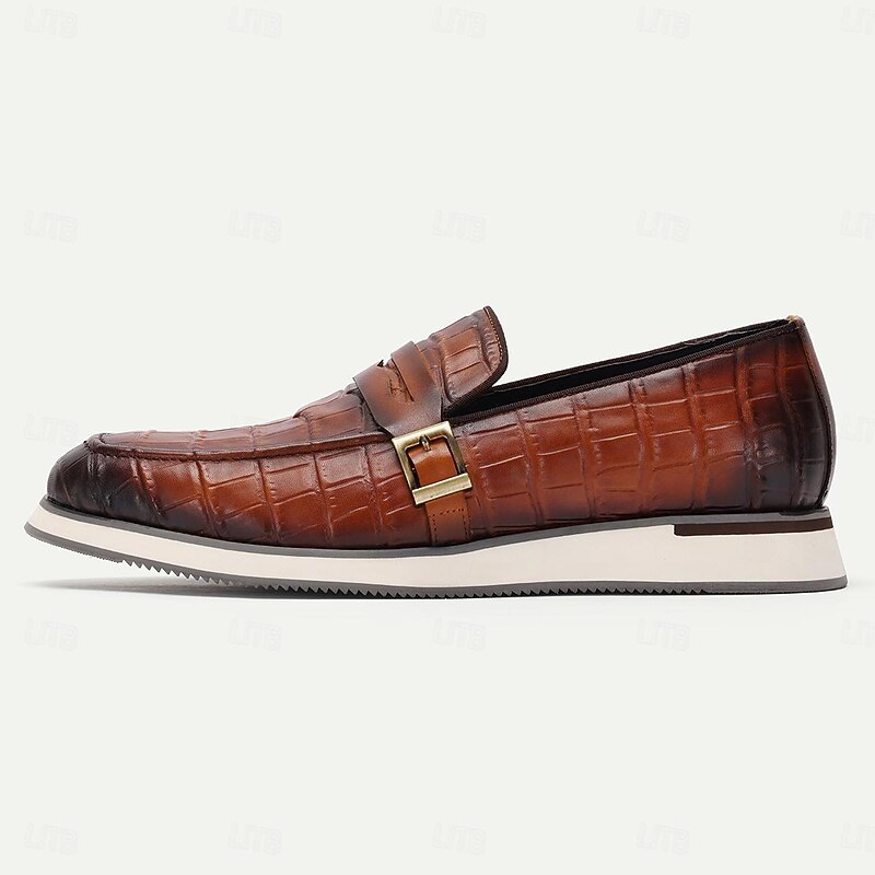 Men's Loafers Leather Black Brown Crocodile Pattern Metal Buckle3