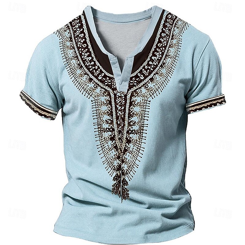 African Pattern V Neck Men's Ethnic Style 3D Print T shirt Tee Henley Shirt Casual Daily T shirt Blue Khaki Short Sleeve Henley Shirt Summer Clothing Apparel S M L XL 2XL 3XL4