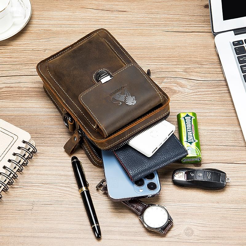 Men's Crossbody Bag Belt Bag Cowhide Outdoor Zipper Durable Solid Color Brown3