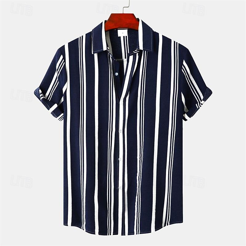 Men's Shirt Summer Shirt Casual Shirt Beach Shirt Button Up Shirt Striped Shirts Black Wine Navy Blue Sky Blue khaki Short Sleeve Stripes Lapel Vacation Hawaiian Clothing Apparel Cotton Fashion