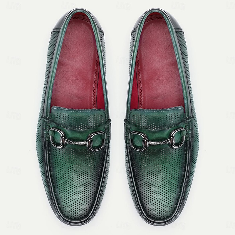 Men's Loafers Perforated Green Leather Silver Horsebit4