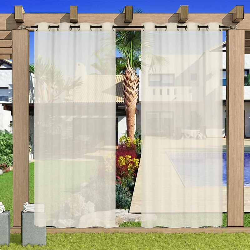 Outdoor Curtain for Patio, White Linen Look Semi-Sheer Curtains Waterproof Light Filtering Voile Outside Grommet Drapes for Pergola Balcony Pool Indoor3