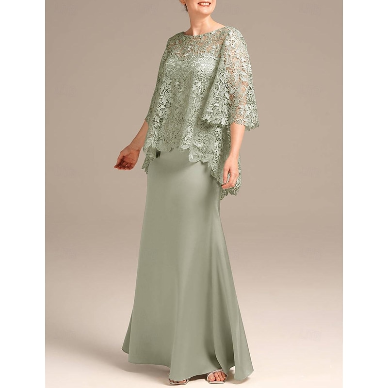 Sheath Mother of the Bride Dress Wedding Guest Elegant Jewel Neck Floor Length Satin Lace Half Sleeve with Embroidery2