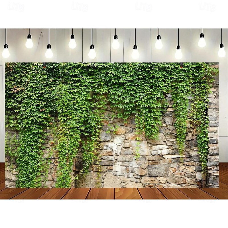 1pc Spring Garden Leaves Falling Horticultural Plants Grunge Stone Wall Green Banner Leaves And Branches Covering Vintage Architecture Photo Background