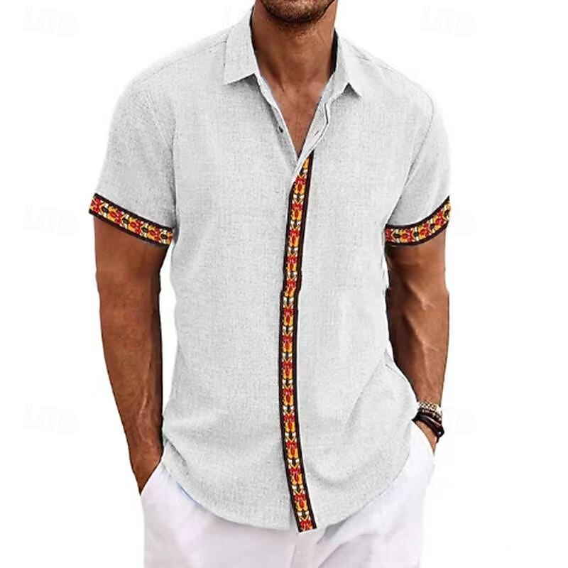 Men's Shirt Linen Shirt Casual Shirt Cotton Shirt Color Block Vacation Street Black White Sky Blue Gray Short Sleeve Turndown Summer Clothing Apparel Button-Down2