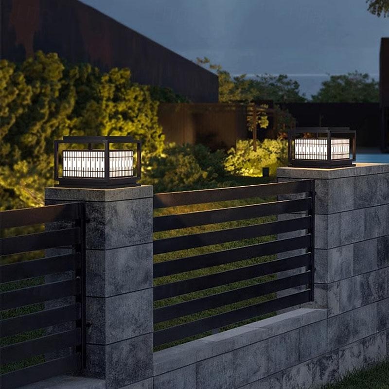 Modern Post Light Fixture Waterproof Landscape Path Lights E27 Deck Fence Post Cap Lamp with Acrylic Shade Square Galvanized Sheet Pillar Lamp 110-240V3