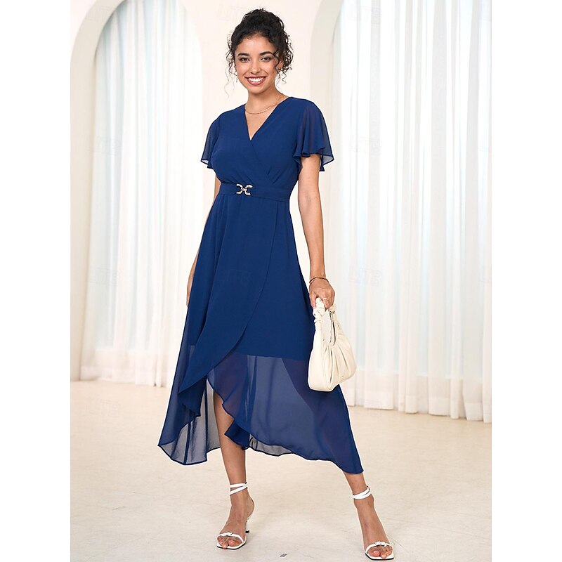 Women's Wedding Guest Cocktail Dress Chiffon Pleated Ruffle Elegant  Midi Dress Crew Neck Sleeveless Dark Blue Color2