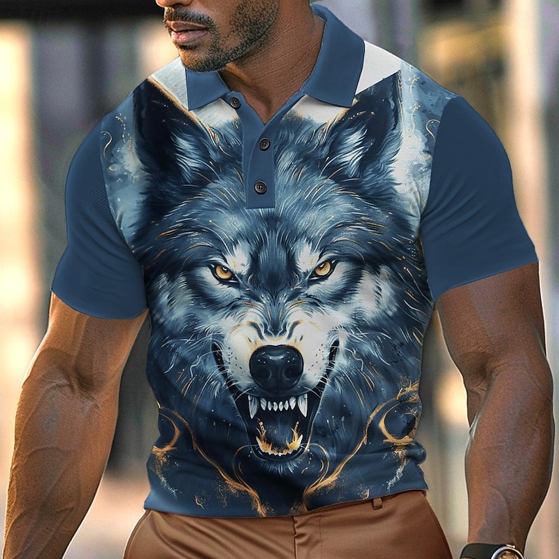 Men's Wolf Polo Shirts Golf Shirt Short Sleeve Polo Shirts Collared Shirts Funny Streetwear Vacation Wear Party Outfits Buttons 3D Print Spring & Summer Blue