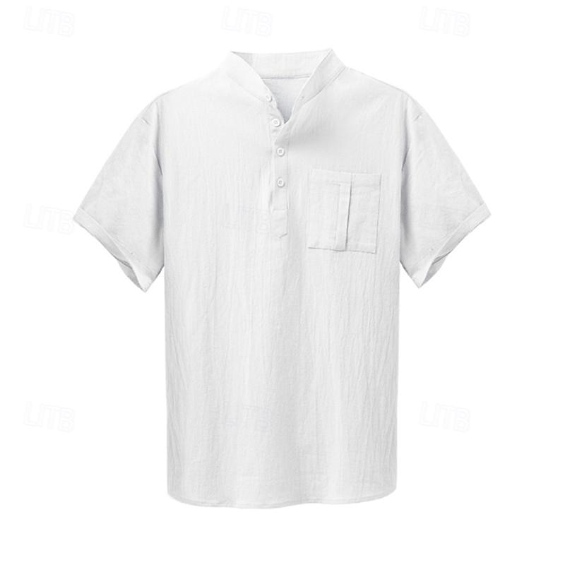 Men's Shirt Chinese Collar Shirt Mandarin Collar Shirt Popover Shirt Casual Shirt Cotton Shirt Plain Vacation Street Black White Yellow Blue Short Sleeve Henley Summer Clothing Apparel Button-Down2