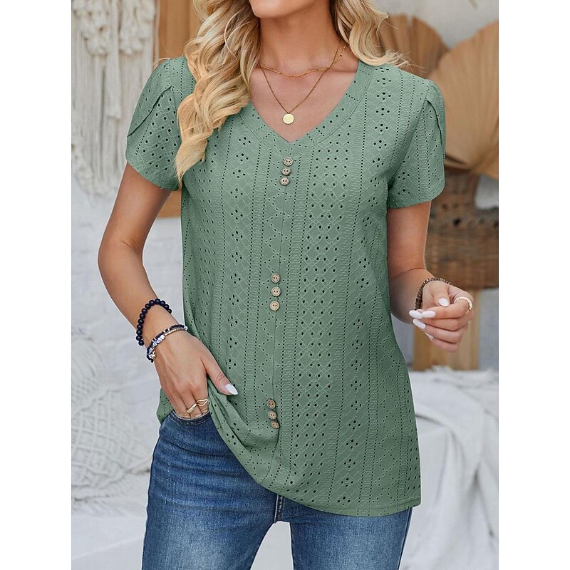 Women's Elegant Lace Tops Eyelet Blouse Daily Stylish Plain Regular Tops Short Sleeve V Neck Lace Buttons Regular Fit Vacation Daily Romantic Petite Tops Summer Holiday Wear Sage Green White Pink Blue4