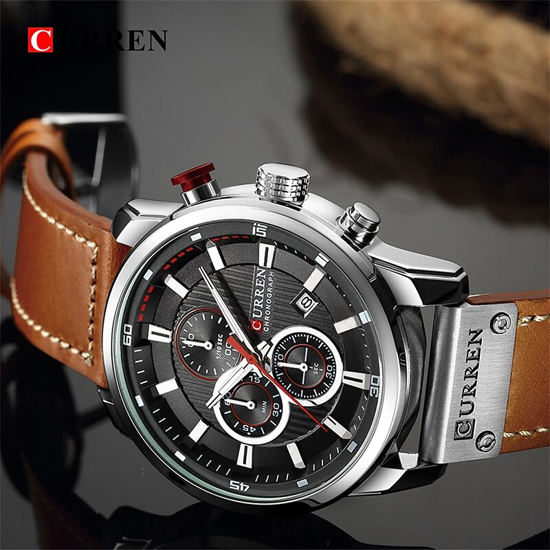 CURREN Men Quartz Watch Outdoor Sports Fashion Wristwatch Calendar Waterproof Decoration Leather Watch3