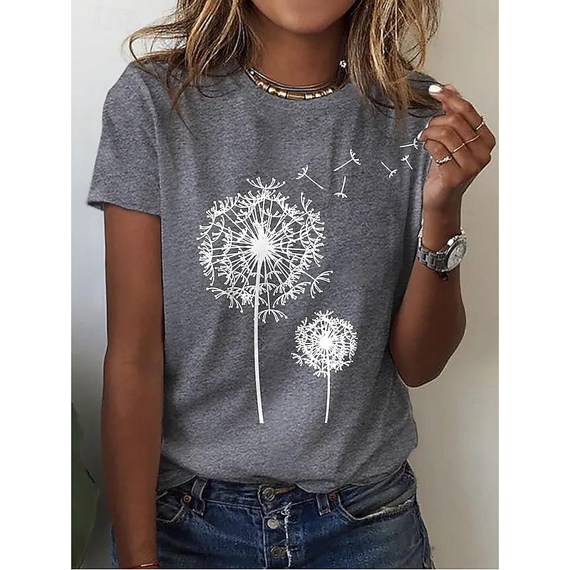 Women's Casual T-Shirt Dandelion Print Crew Neck White Short Sleeve Summer Wear Comfort Fit Daily Essential3