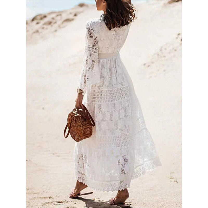 Women's Maxi Dress White Dress White Lace Wedding Dress Boho Chic Dresses Boho Dress Elegant Bohemia A Line Vacation Holiday Regular Fit Plain Long Sleeve V Neck White Apricot Summer2