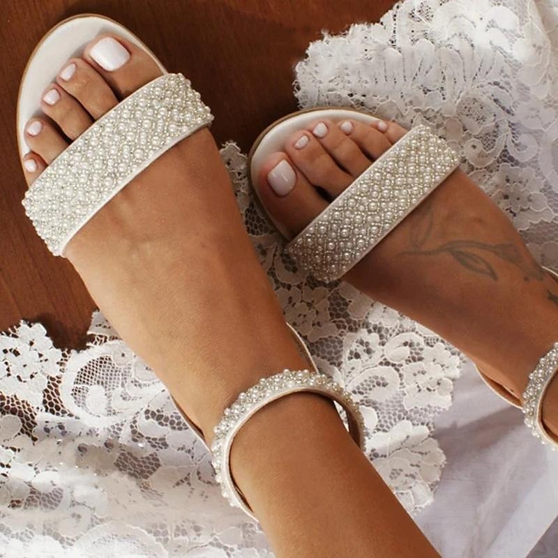 Women's Ivory Rhinestone Wedding Sandals - Elegant Bridal Flats with Ankle Strap for Special Occasions2