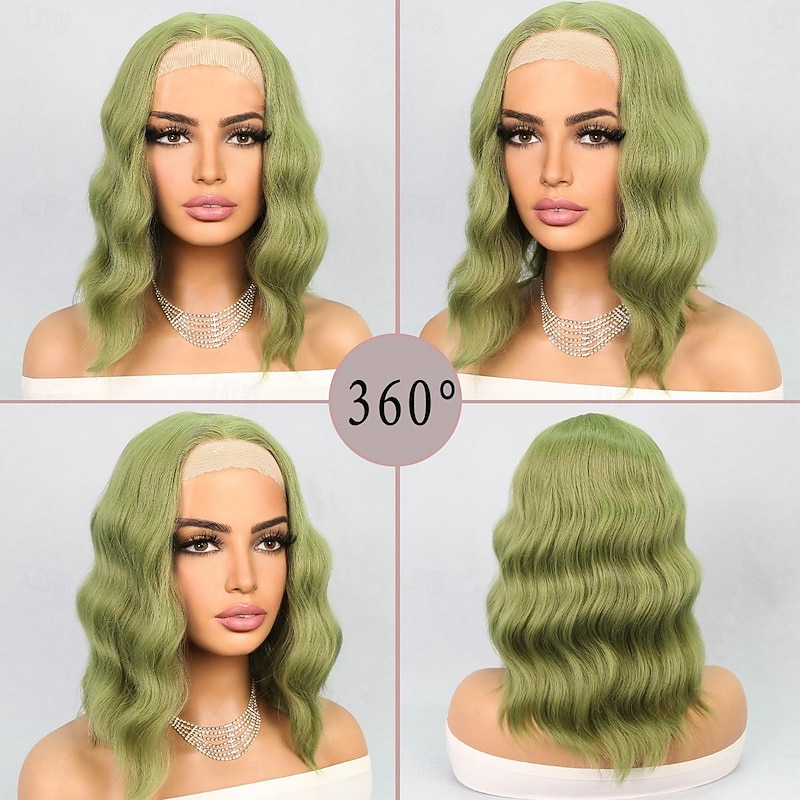 Synthetic Lace Wig Wavy Style 14 inch Green Middle Part T Part Wig Women Wig Fruit Green2