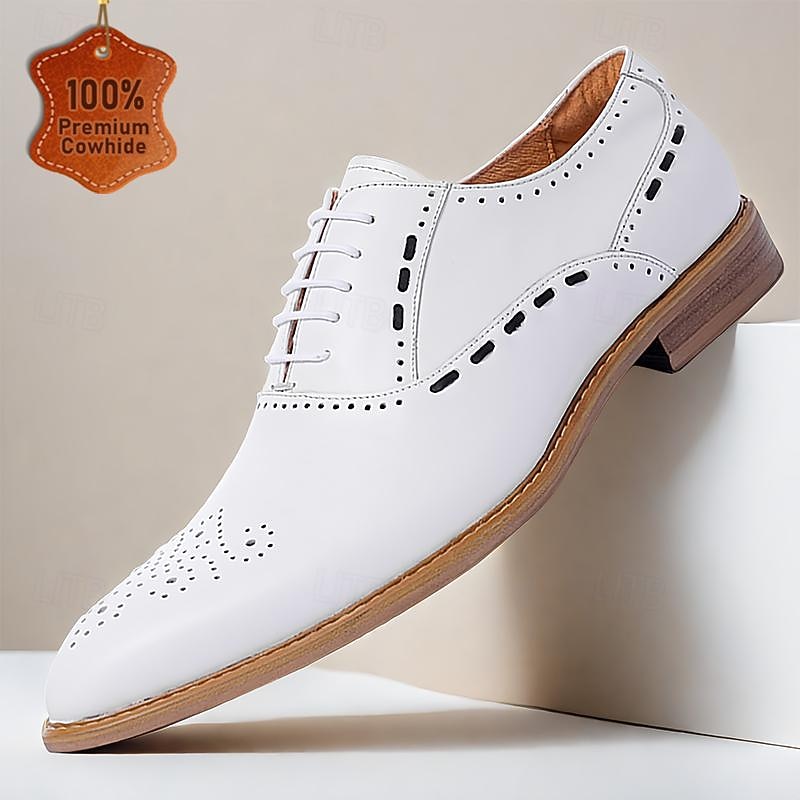 Men's White Brogue Dress Shoes - Classic Oxford Design for Weddings, Formal Events, and Business Wear